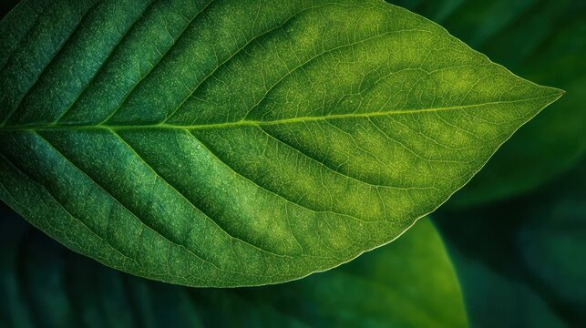 Close-up of a vibrant green leaf with detailed veins and textured surface, overlapping foliage conveying calm fresh natural serenity