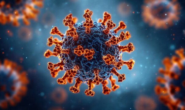 Close-up 3D rendering of a spiky spherical virus particle with glowing orange spike proteins on a textured blue surface, evoking a sense of threat and microscopic danger