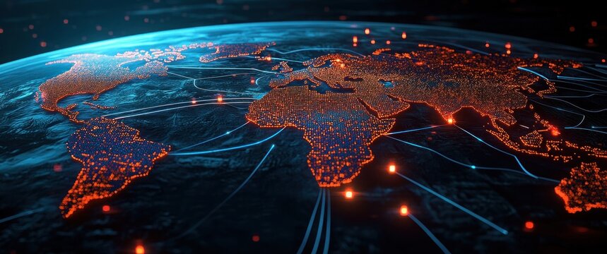 Glowing digital world map with orange illuminated nodes and blue data streams connecting continents over a dark Earth, conveying dynamic global connectivity and futuristic energy