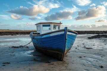 Fototapeta premium Weathered blue fishing boat with small cabin beached on muddy sand at low tide under a dramatic cloudy sky, serene and lonely coastal seascape
