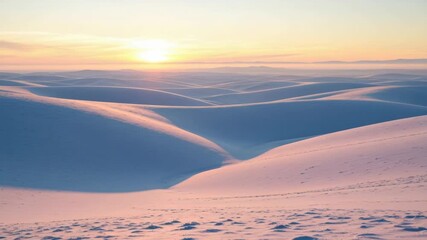 Serene winter panorama of rolling snow dunes during a beautiful sunset. Peaceful frozen landscape with soft pink and golden light creating long blue shadows over the hills - Powered by Adobe