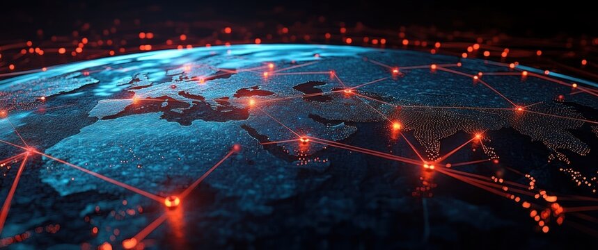 Curved blue Earth surface with illuminated continents of Europe, Africa and Asia overlaid by glowing red network nodes and connecting lines conveying dynamic global high-tech connectivity