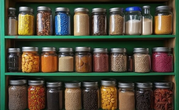 three-tiered green wooden shelf filled with rows of glass jars holding colorful spices seeds grains and dried ingredients, neatly organized and evoking a warm vibrant pantry