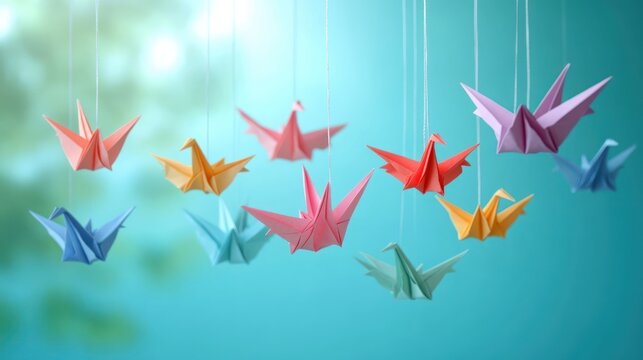 Colorful origami paper cranes suspended on thin strings against a soft teal bokeh background, whimsical and serene hanging mobile