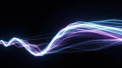 Abstract glowing particle wave on a dark background. Futuristic digital waveform visualization of data flow and network connectivity. Technology concept for a sound or energy signal - Powered by Adobe