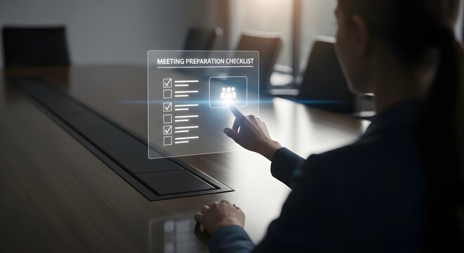 Business Professional Checking Meeting Prep Checklist on Hologram