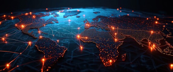 glowing digital world map on a dark blue 3d globe with orange interconnected nodes and streaming data lines, futuristic energetic global connectivity