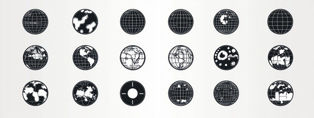 set of monochrome globe and planet icons in a tidy grid showing varied map outlines, gridlines and simple planetary symbols on a pale background, orderly and minimalist mood