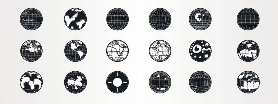 set of monochrome globe and planet icons in a tidy grid showing varied map outlines, gridlines and simple planetary symbols on a pale background, orderly and minimalist mood