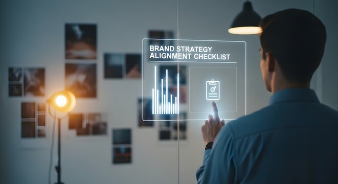 Brand Manager Checking Strategy Alignment on Holographic Interface - Powered by Adobe