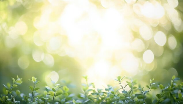 close-up of fresh green leaves in the foreground with warm sunlight and soft bokeh background conveying calm hopeful serenity