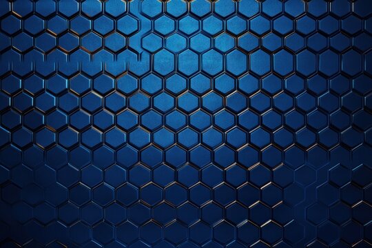 blue metallic hexagonal honeycomb pattern of raised tiles with glossy highlights and deep shadows, sleek futuristic geometric texture conveying a cool modern technical mood