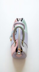 Cylindrical leather handbag featuring pastel color blocking and polished metal zipper hardware is displayed from above