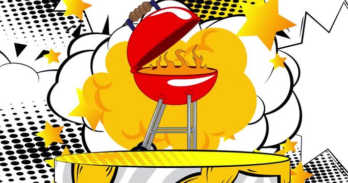 Comic Book Product podium stage animation for presentation with Barbecue Grill. Retro comics background video.