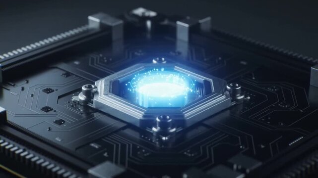 Cinematic animation of a high-tech processor core emitting blue digital energy while data circuits activate around it, symbolizing advanced computing and AI processing.