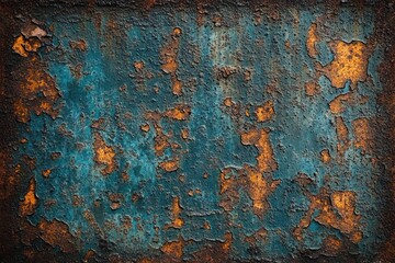 Close-up of turquoise peeling paint and orange rust on corroded metal surface, gritty weathered texture evoking decay and age