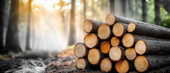 Pile of freshly cut logs stacked on a misty forest floor with sun rays filtering through tall trees, creating a tranquil earthy morning atmosphere