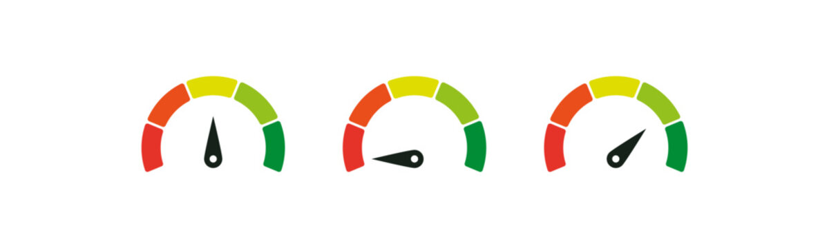 speed gauge icons showing performance levels from low to high, with rotating pointers for rating, analytics, progress tracking, and efficiency indicators
