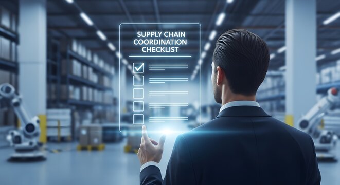Manager Checking Supply Chain Coordination on Holographic Checklist - Powered by Adobe