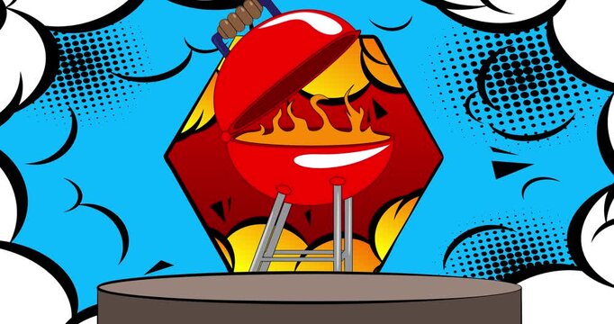 Comic Book Product podium stage animation for presentation with Barbecue Grill. Retro comics background video.