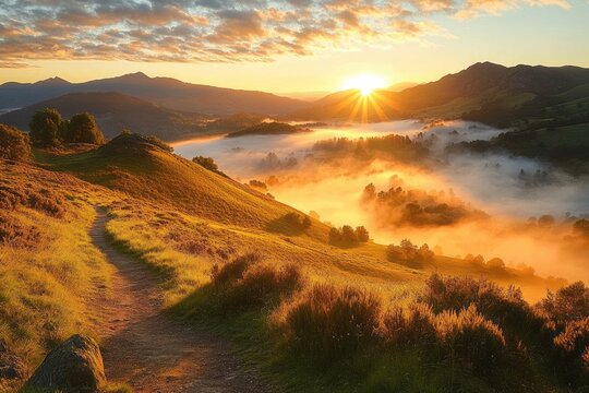 Golden sunrise over mist-filled valley and rolling grassy hills with a winding footpath, heather-clad slopes and distant mountains, evoking tranquil peaceful awe