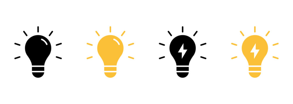 Bright idea lightbulb icons showing creativity, innovation, solutions, inspiration, electricity, and energy concepts in clean bold shapes for UI and modern designs.