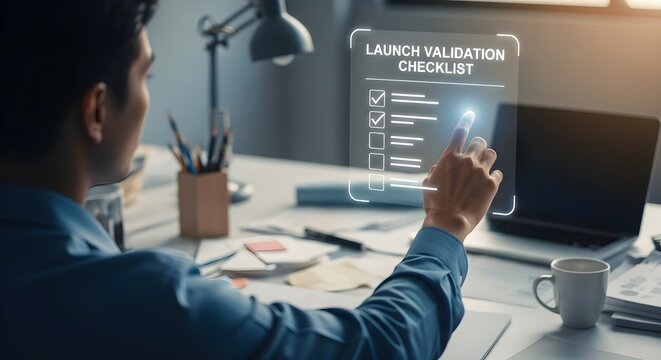 Product Manager Checking Launch Validation Checklist on Digital Screen