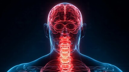 Digital 3D visualization of human nervous system and brain in red glow - Powered by Adobe