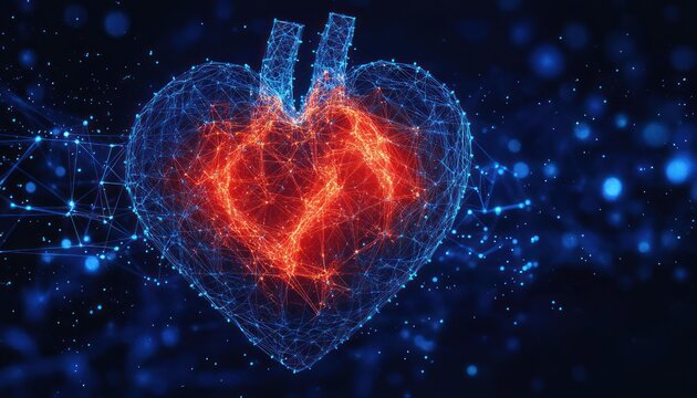 futuristic glowing wireframe heart with red pulsing energy core and blue digital network connections conveying urgency and vibrant technological intensity