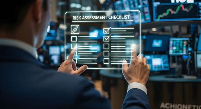 Trader Checking Risk Assessment Checklist on Holographic Dashboard