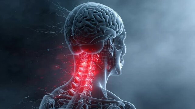 X-ray view of human head with burning red brain and painful spine