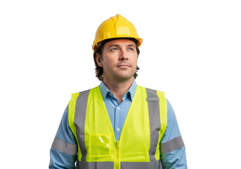 Thoughtful construction worker in yellow hard hat and safety vest looking up isolated on transparent background with copy space