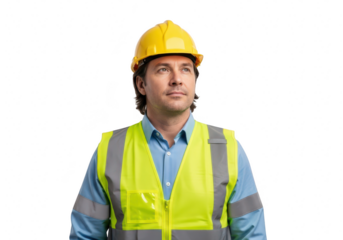 Thoughtful construction worker in yellow hard hat and safety vest looking up isolated on transparent background with copy space
