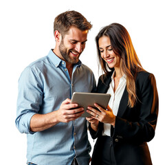 Smiling couple sharing a tablet screen together engaged in digital content discussion isolated on transparent background
