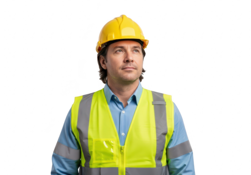 Thoughtful construction worker in yellow hard hat and safety vest looking up isolated on transparent background with copy space