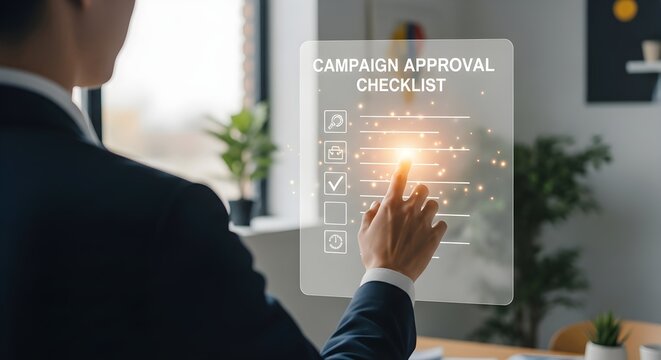 Executive Checking Campaign Approval Checklist on Holographic Interface