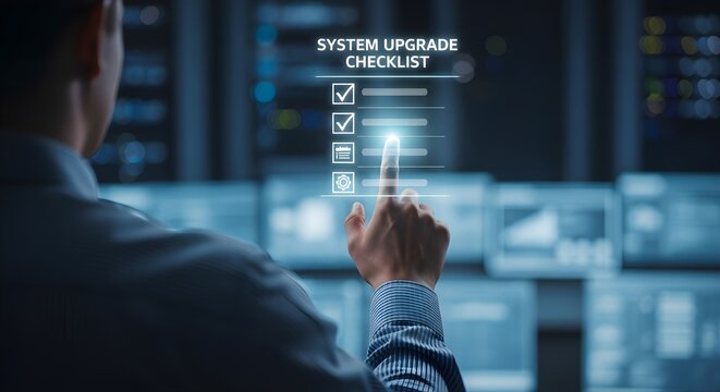 IT Engineer Checking System Upgrade Checklist on Digital Screen