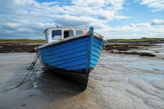 Weathered blue fishing boat grounded on muddy tidal flat at low tide with rocky shoreline, grassy dunes and cloudy sky conveying quiet solitude and calm - Powered by Adobe