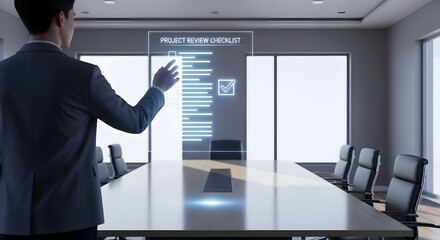 Executive Reviewing Project Checklist on Holographic Meeting Table
