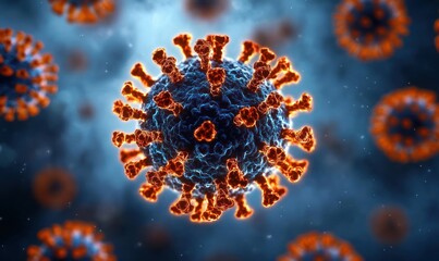 Close-up of spherical viral particles with glowing orange spike proteins and textured blue cores floating in a misty teal background, ominous and menacing