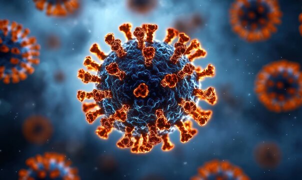 Close-up of spherical viral particles with glowing orange spike proteins and textured blue cores floating in a misty teal background, ominous and menacing - Powered by Adobe