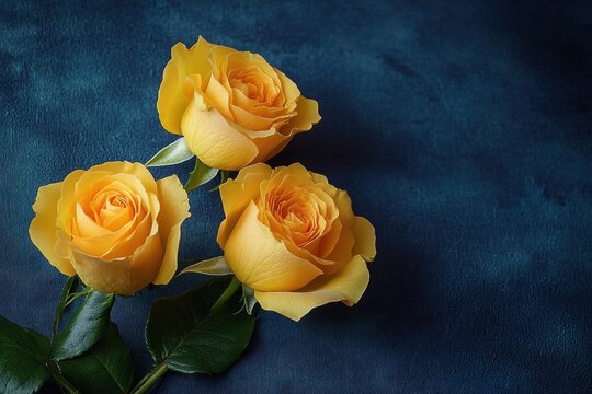 Three yellow roses with green leaves on a dark blue textured background, serene and warm still life