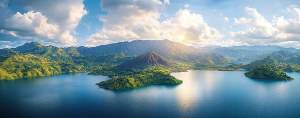 Sunlit volcanic island in a serene mountain lake with lush green hills and dramatic clouds