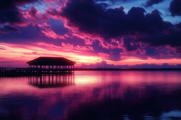 silhouetted wooden pier and covered boathouse over calm reflective lake at dramatic purple and pink sunset with towering clouds, serene and peaceful mood