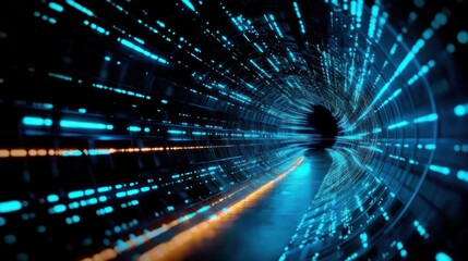 Futuristic curved tunnel lined with streaking blue neon lights and a glowing orange floor line vanishing into a dark center, sleek, dynamic and mysterious atmosphere