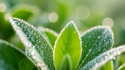 Dewdrop leaf green plant morning close up fresh nature garden macro dew covered green leaf with water droplets glistening morning light fresh natural - Powered by Adobe