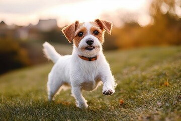 small white dog running joyfully across a sunlit grassy field with an orange collar and warm blurred countryside background