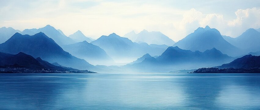 serene blue mountain lake at dawn with layered misty peaks, calm reflective water, distant shorelines and soft clouded light