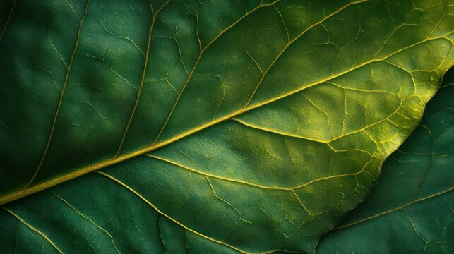 Close-up of a large green leaf with prominent golden veins and textured surface, evoking a tranquil, fresh and organic feeling