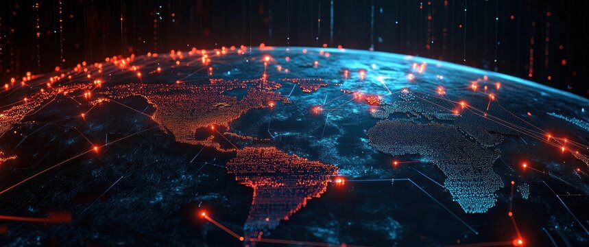 Glowing digital Earth hemisphere showing the Americas and Africa with connected data nodes, lines of light and neon highlights conveying dynamic futuristic global connectivity